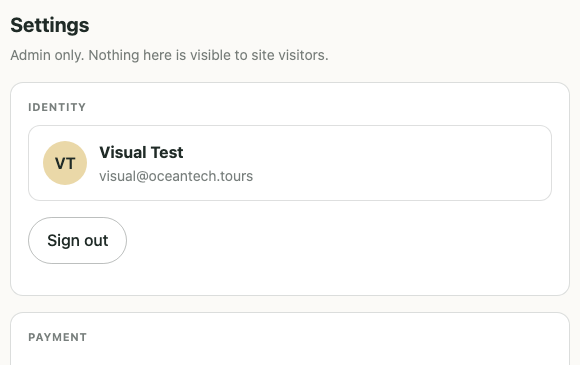 The console settings page: the signed-in identity on our own provider, and a sign-out control
