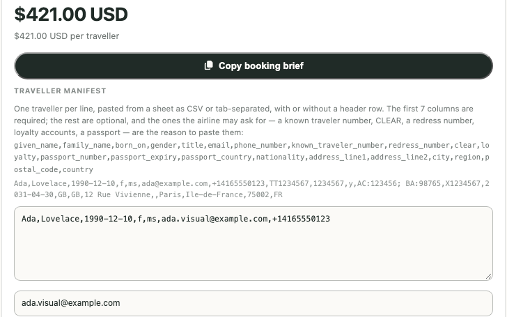 The booking brief: the total, a copy button, and the traveller manifest a roster is pasted into