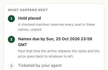 What happens after a hold: seats reserved unpaid, a names deadline, then ticketing by your agent