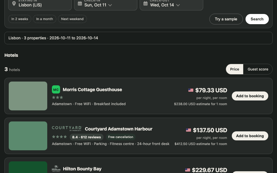 Hotels returned for the same dates as the flights, with nightly rates and an estimate per room