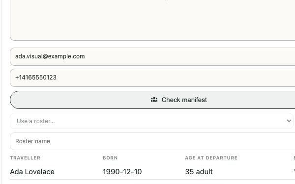 A checked manifest with the travellers listed by name, birth date, age at departure and booking