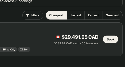 An offer priced for fifty travellers: the group total beside the price each traveller pays