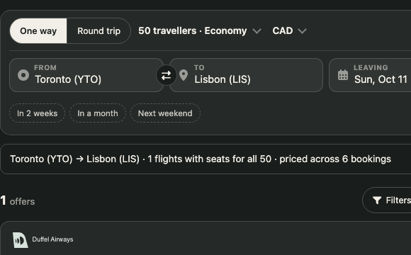 The search bar set to fifty travellers and the result line reading one flight with seats for all 50, priced across 6 bookings